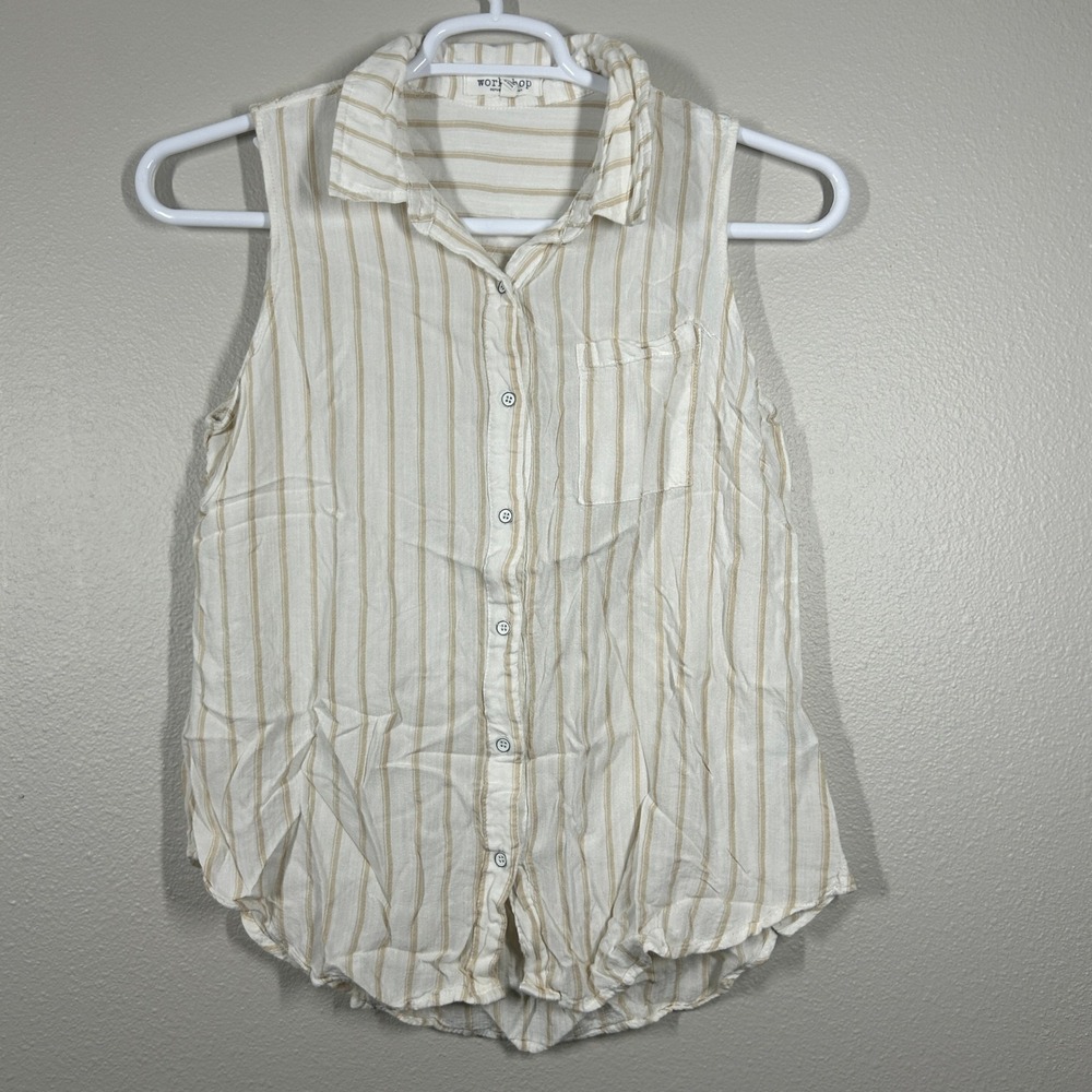 Workshop Republic Clothing Womens Tan White Striped Sleeveless Button Down Top L